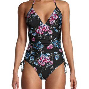 DKNY Black Floral V Neck Halter Adjustable Side Ties Ruched One-Piece Swimsuit 4